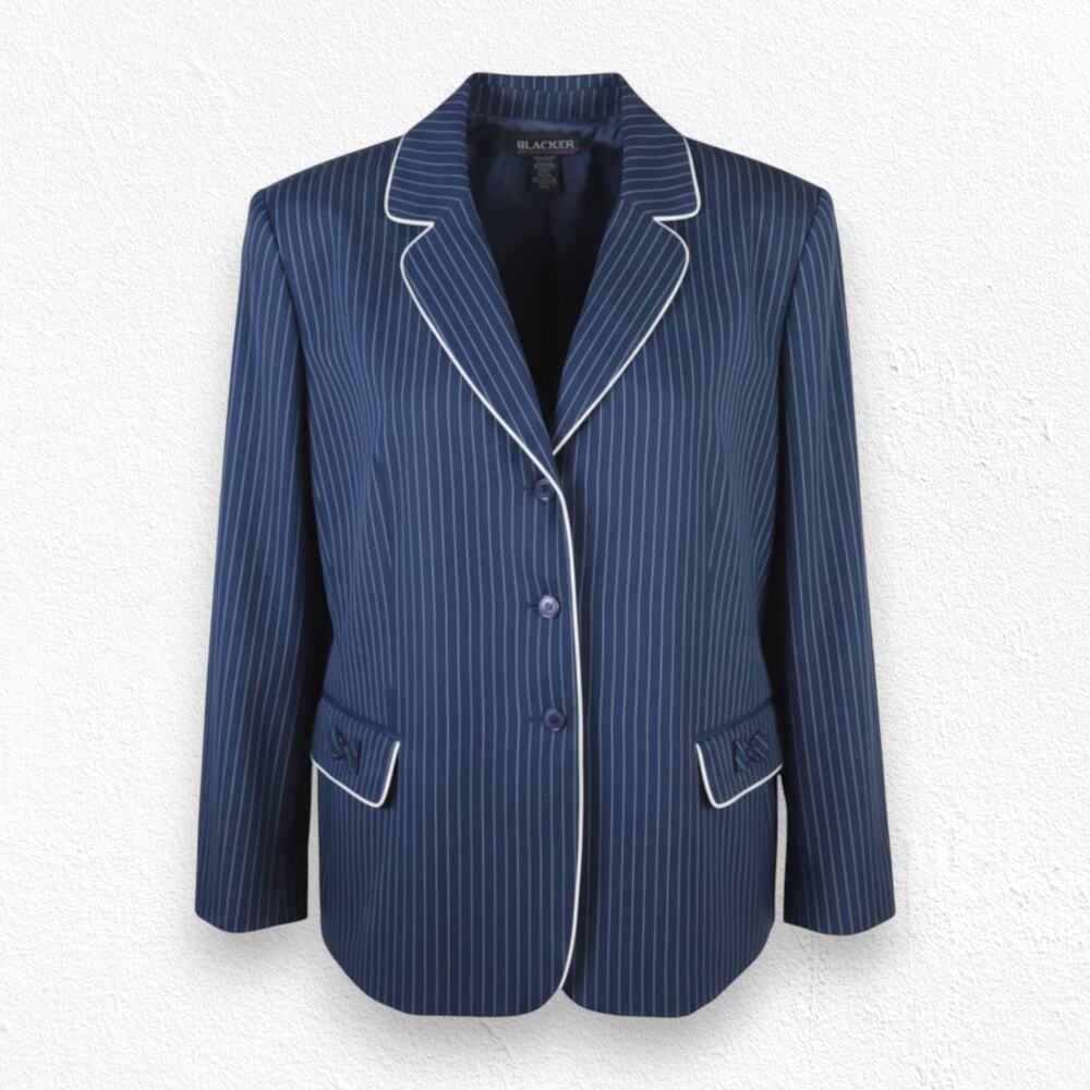 Y2K Vintage Navy Blue White Pinstripe Contrast Piping Bow Detail Blazer 22W Plus